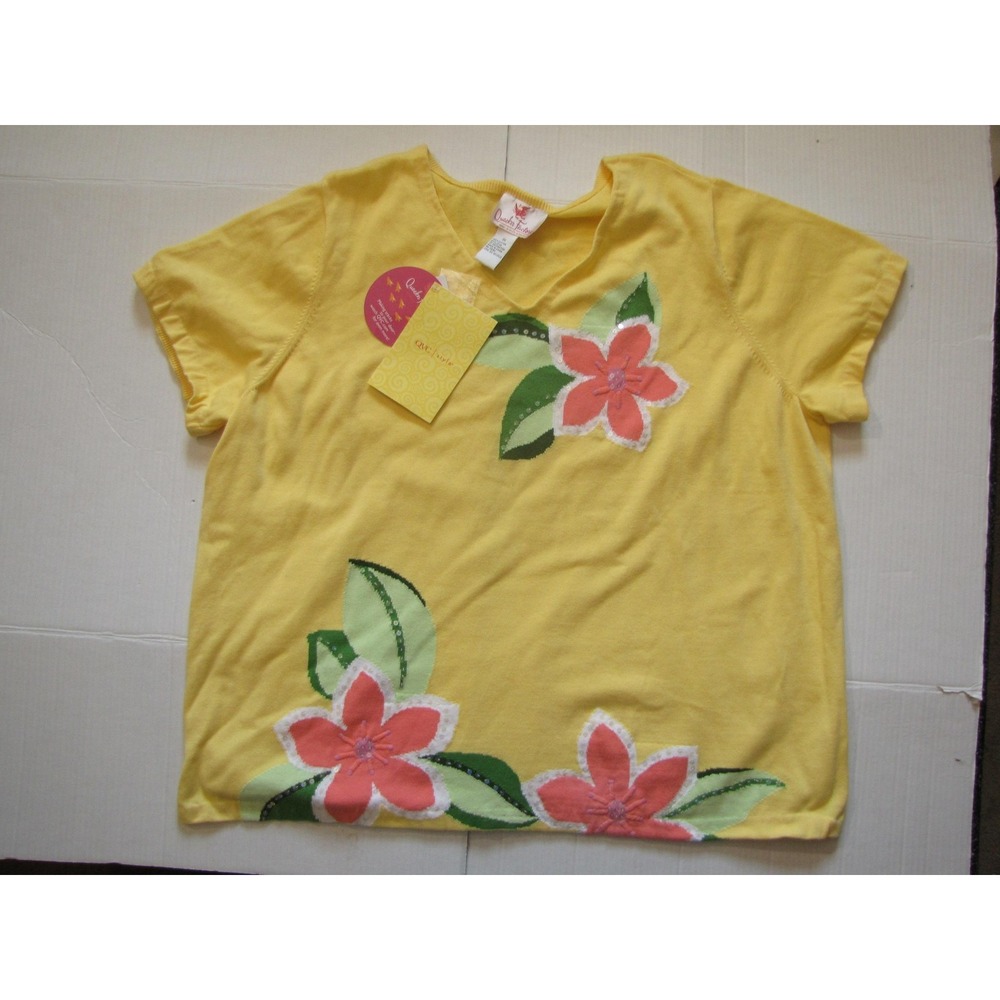 Quacker Factory Shirt Womens 3XL Yellow Floral Applique Short Sleeve Sequin Tee